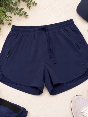 Navy Lined Running Shorts Zip Pockets Drawstring Athletic Size M